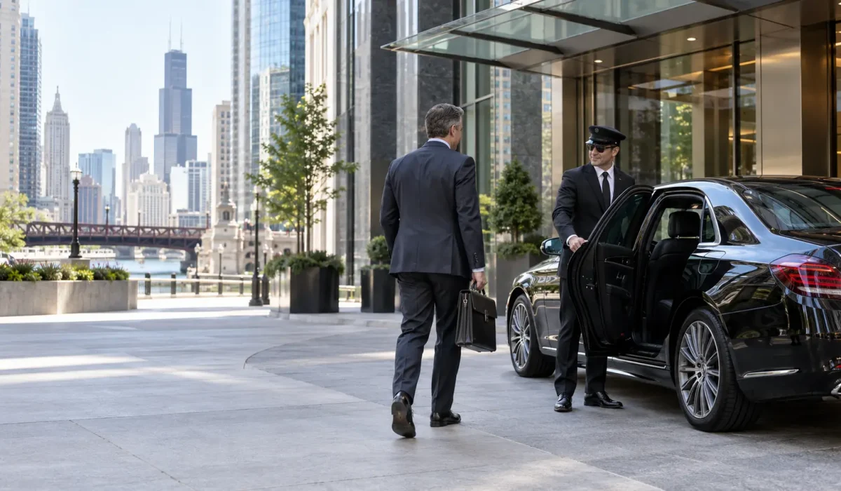 Male chauffeur greeting a business traveler beside an unbranded black sedan