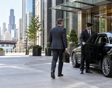 Male chauffeur greeting a business traveler beside an unbranded black sedan
