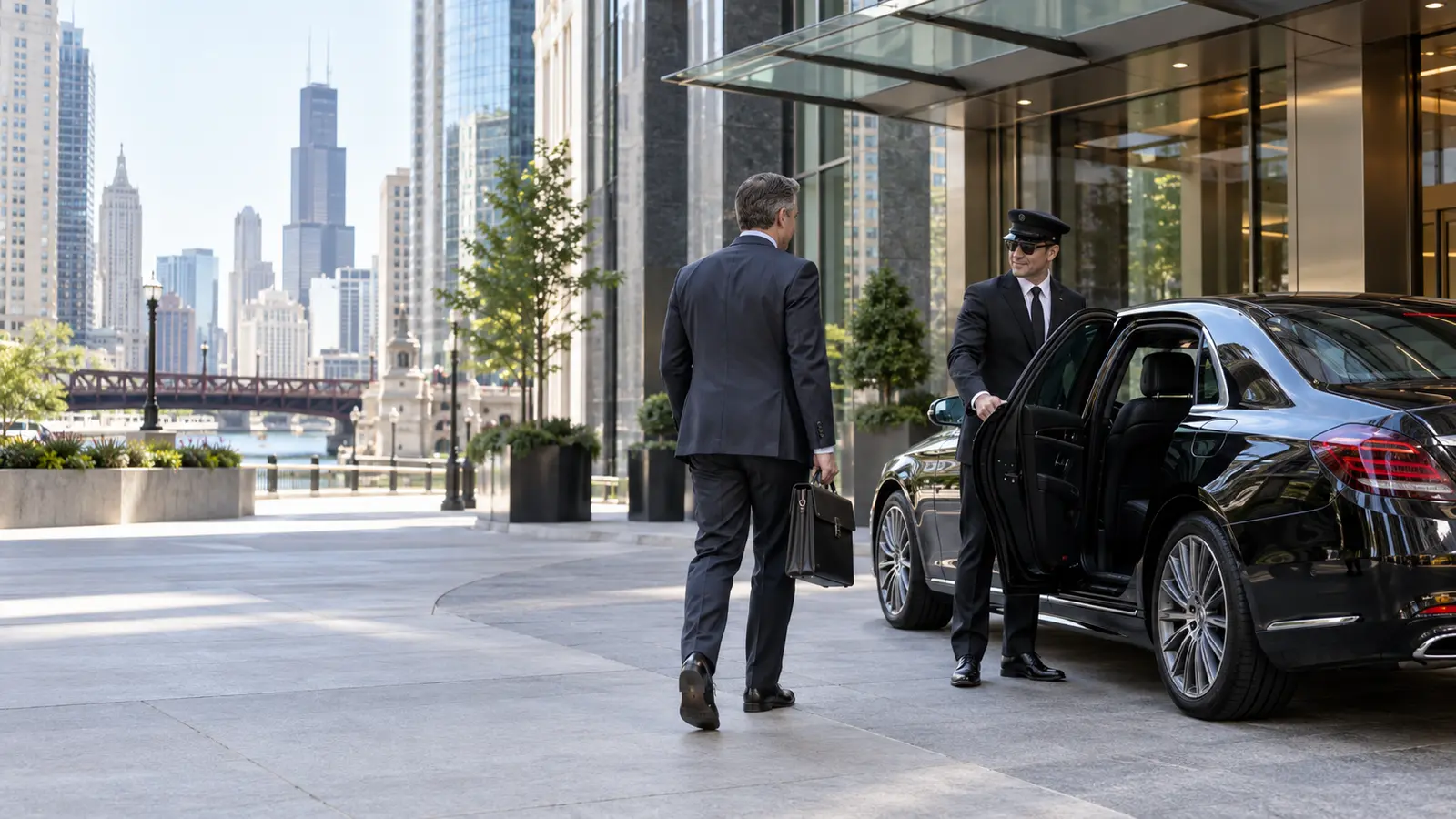 Male chauffeur greeting a business traveler beside an unbranded black sedan
