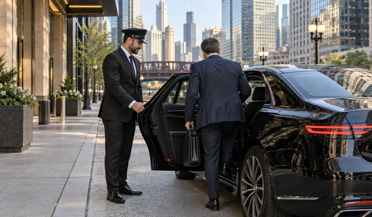 Male business traveler entering an unbranded black sedan in downtown Chicago