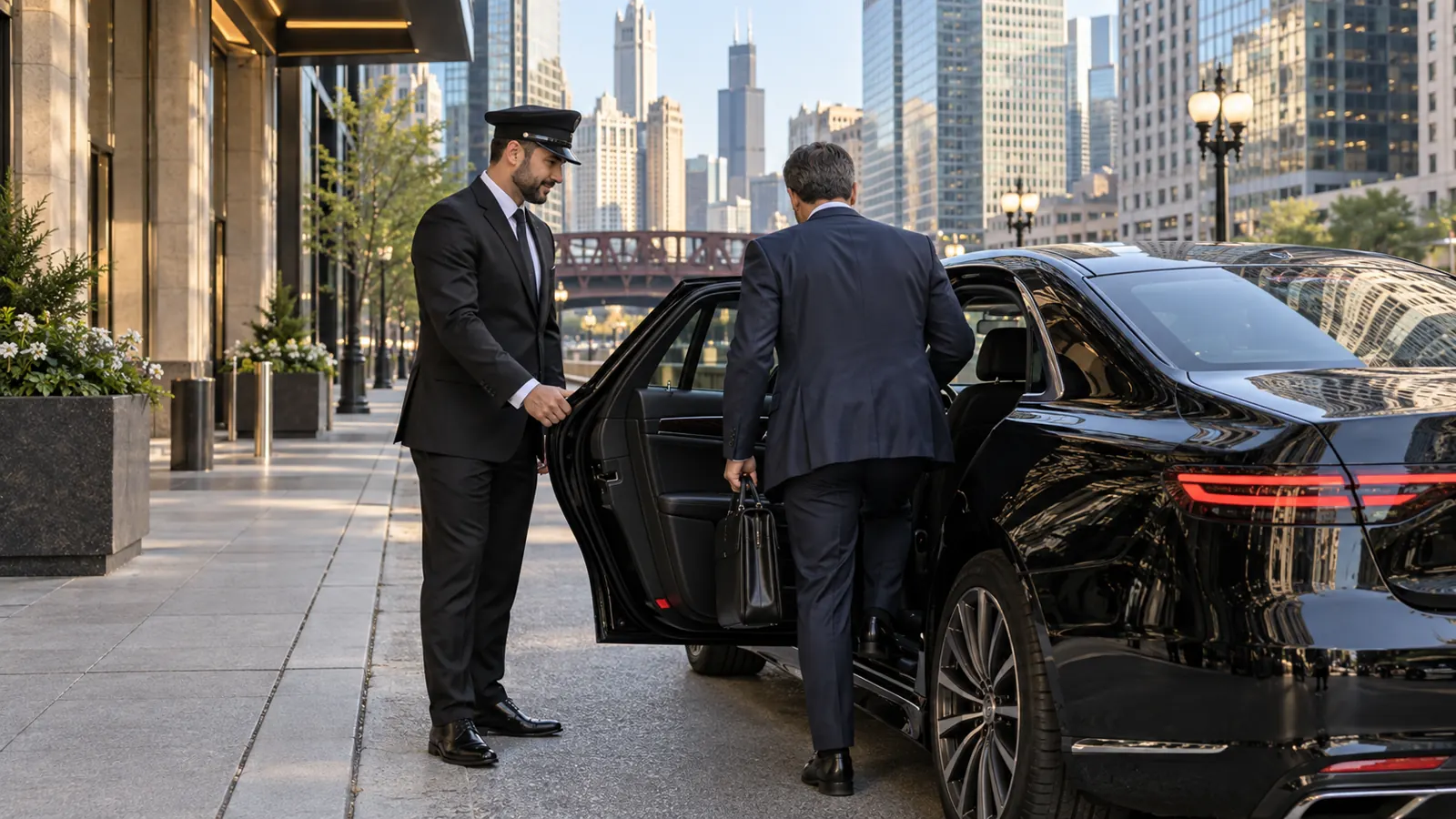 Male business traveler entering an unbranded black sedan in downtown Chicago