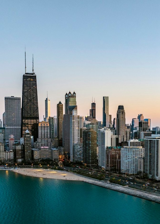 Downtown Chicago skyline and lakefront at dusk