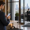 Male traveler scheduling airport transportation while a chauffeur waits outside