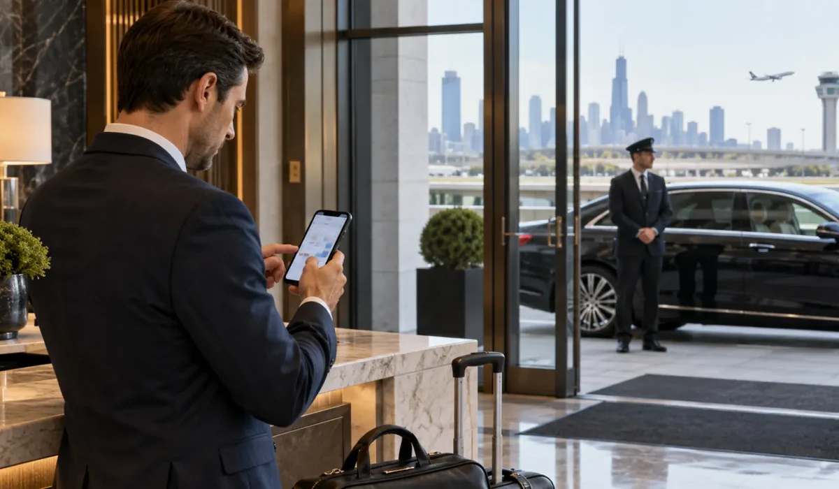 Male traveler scheduling airport transportation while a chauffeur waits outside