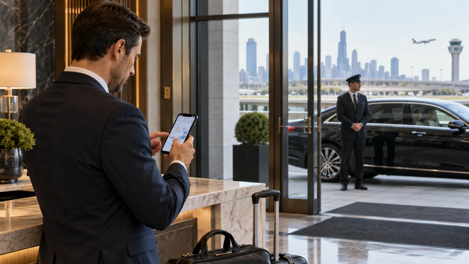 Male traveler scheduling airport transportation while a chauffeur waits outside
