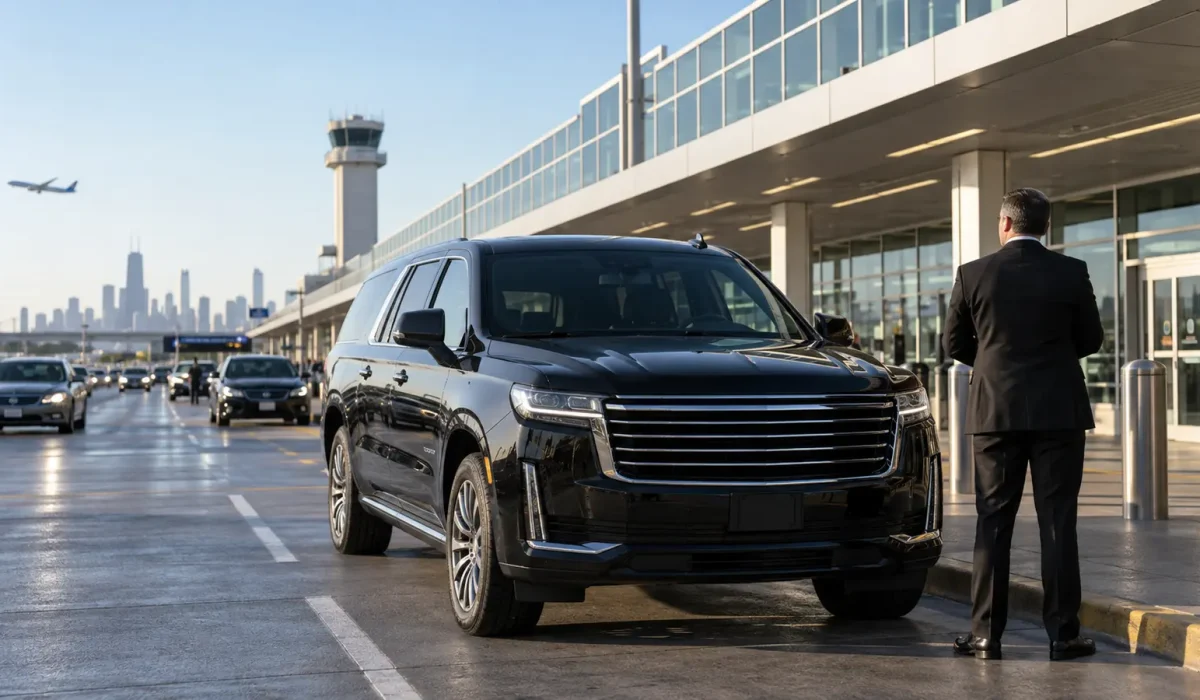 Male chauffeur beside an unbranded black SUV at Midway Airport pickup