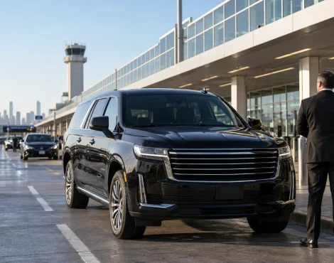 Male chauffeur beside an unbranded black SUV at Midway Airport pickup