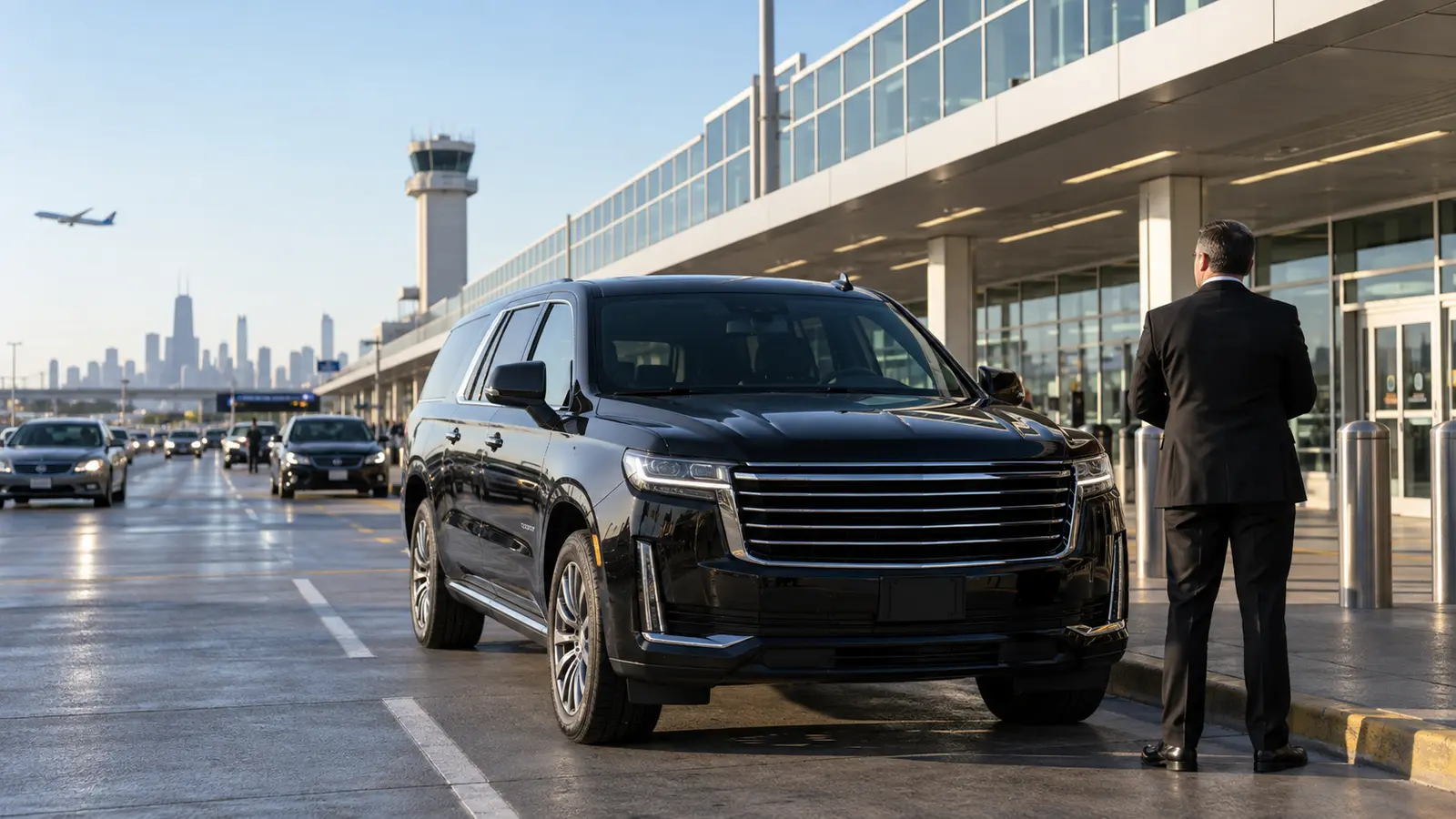 Male chauffeur beside an unbranded black SUV at Midway Airport pickup