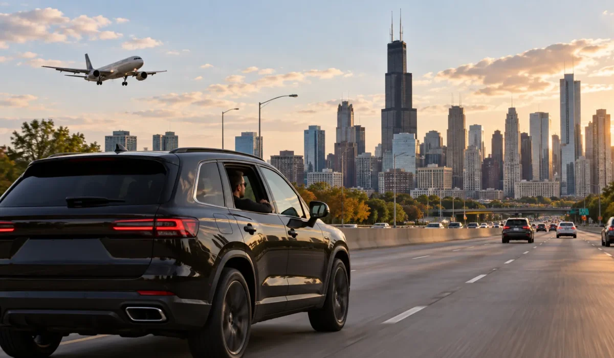 Black SUV traveling from Midway Airport toward downtown Chicago