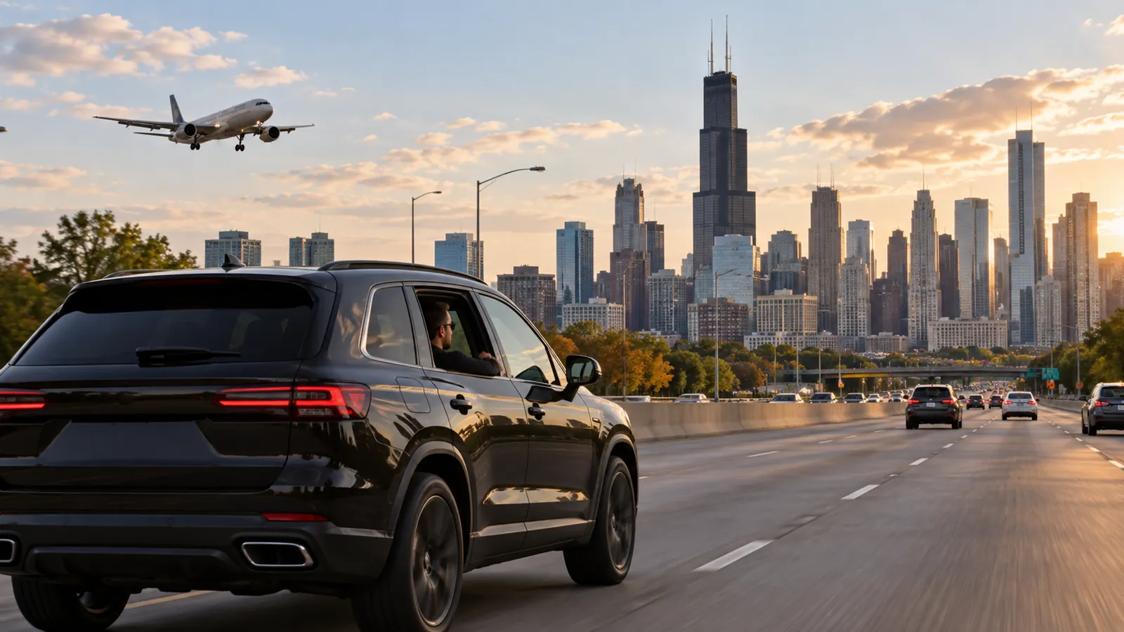 Black SUV traveling from Midway Airport toward downtown Chicago