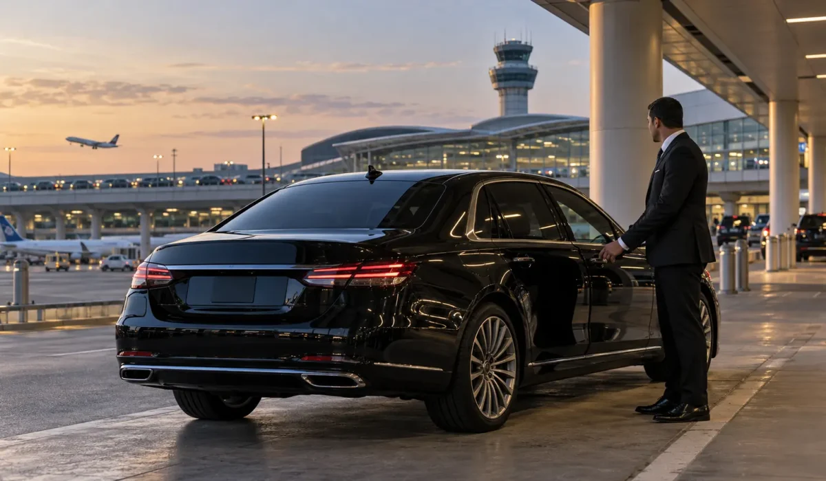 Chauffeur holding open the door of a black sedan at O'Hare Airport