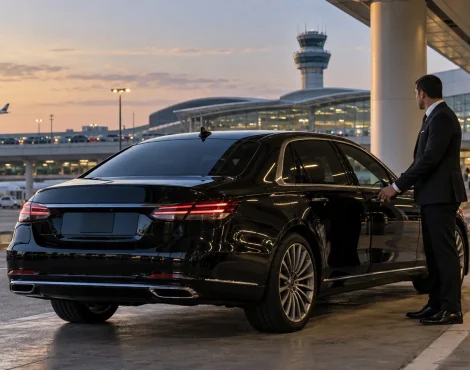 Chauffeur holding open the door of a black sedan at O'Hare Airport