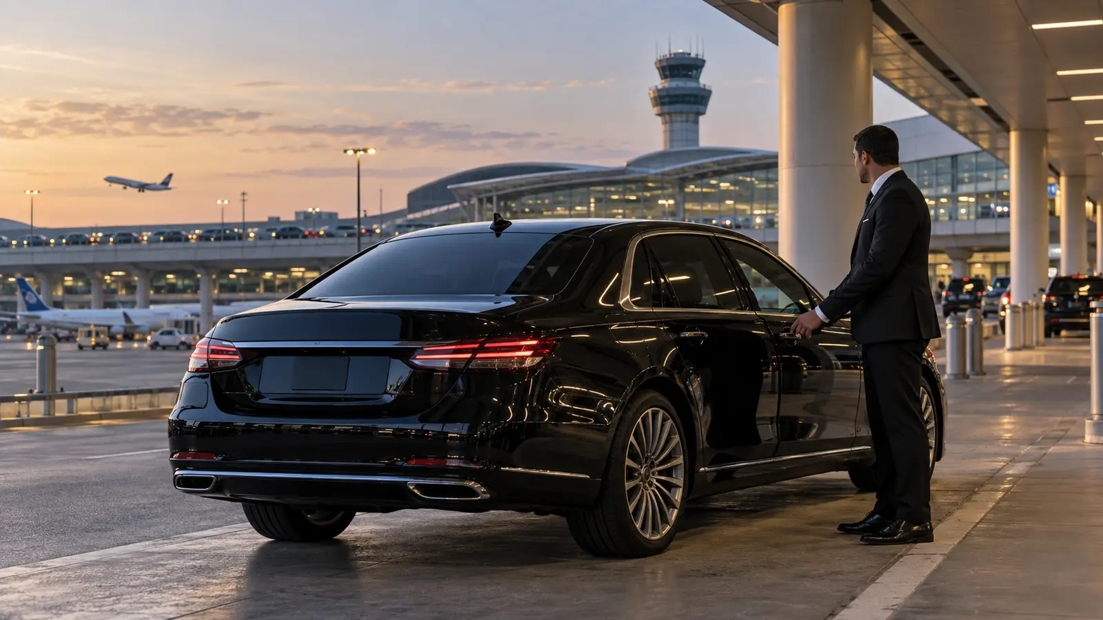 Chauffeur holding open the door of a black sedan at O'Hare Airport