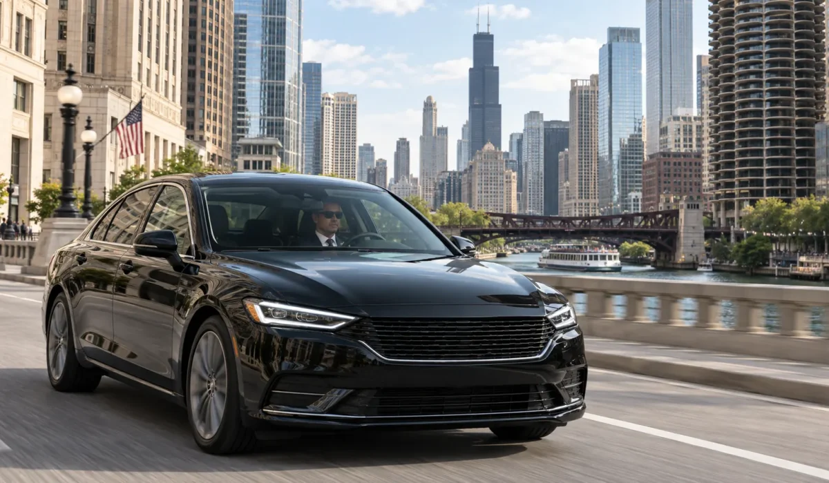 Unbranded black sedan traveling beside the Chicago River