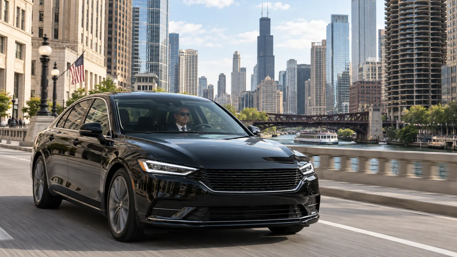 Unbranded black sedan traveling beside the Chicago River