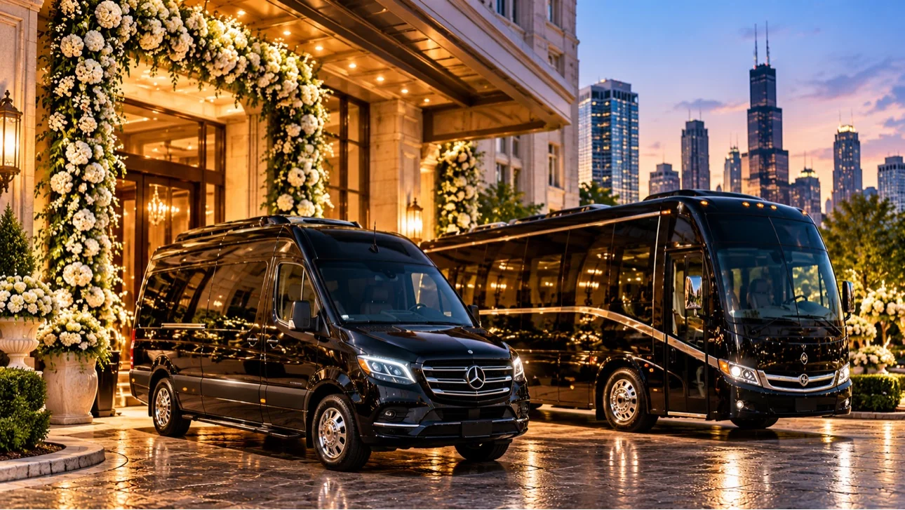 Black shuttle van and mini coach for wedding guest transportation in Chicago